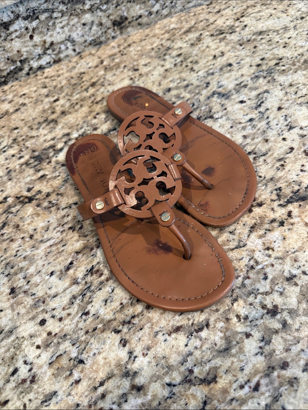 Tory Burch Tan Leather Cutout Logo Thong Sandals